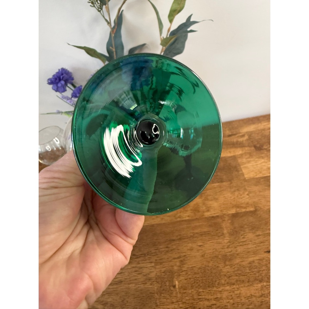 Vintage Emerald Green Wine Glasses Set Mid Century Italian Art Glass Style Bar - Picture 10 of 11